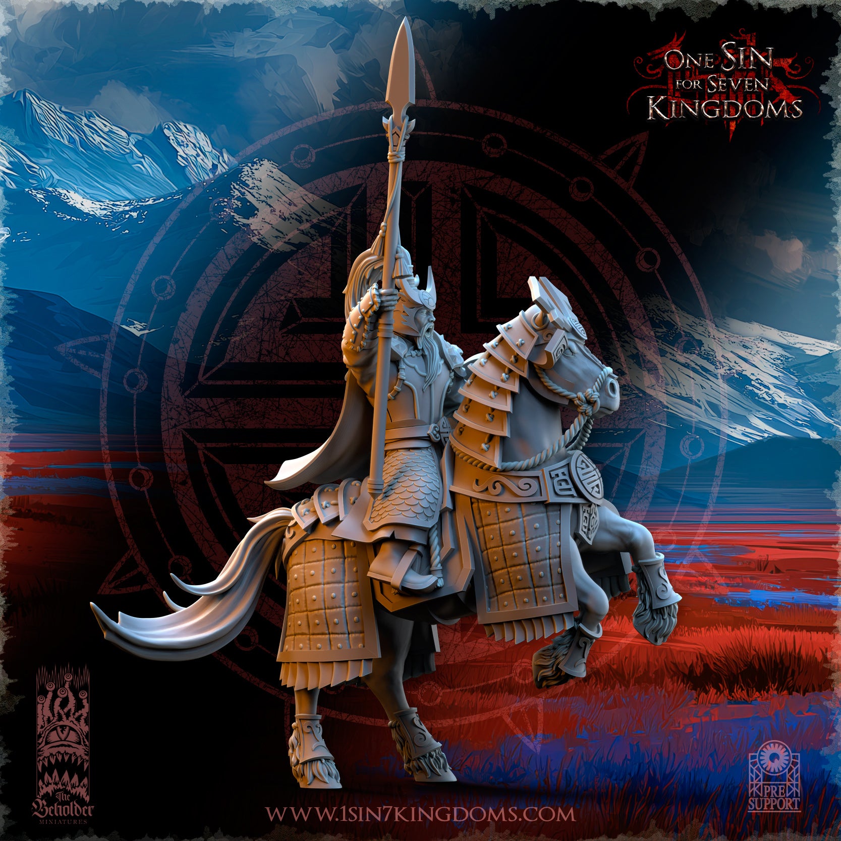 A warrior on horseback, holding a spear, stands in a mountainous landscape with a circular design in the background.