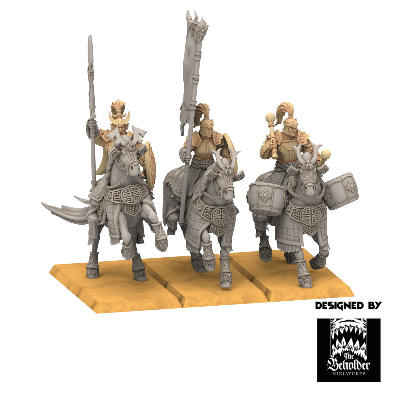 three figurines of knights on horseback, each holding a different weapon, such as a spear, a shield, and a drum.