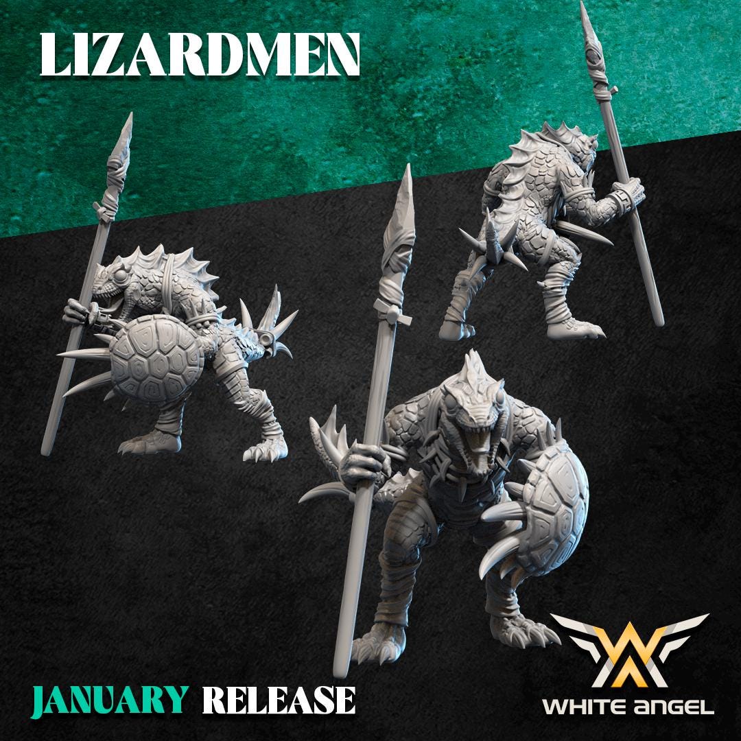 Lizardmen 28/32mm - Slippery Lizards with Javelins and Shields - White Angel Miniatures