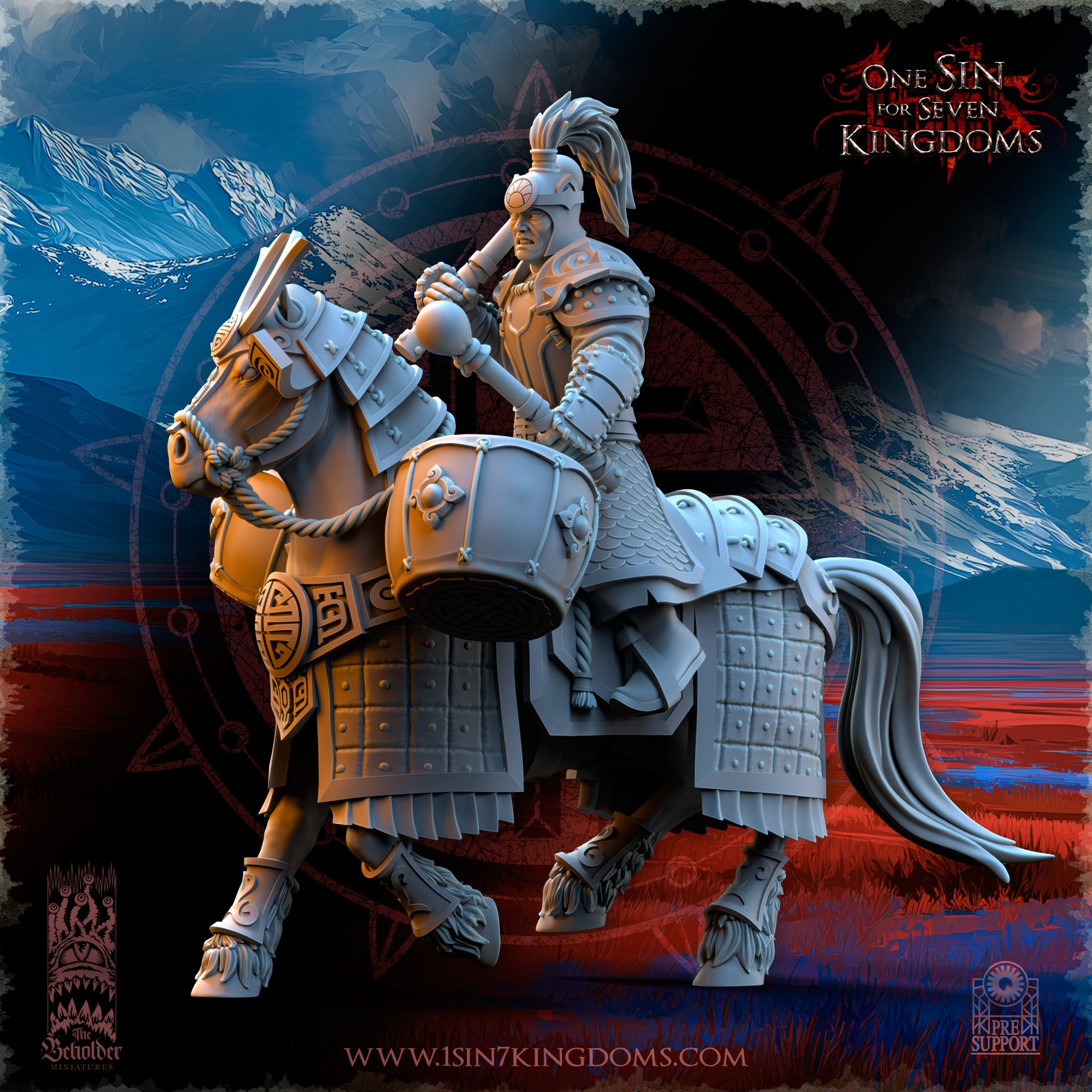 A detailed 3D model of a knight on horseback, wearing a helmet and armor, set against a backdrop of mountains and a red and blue sky.