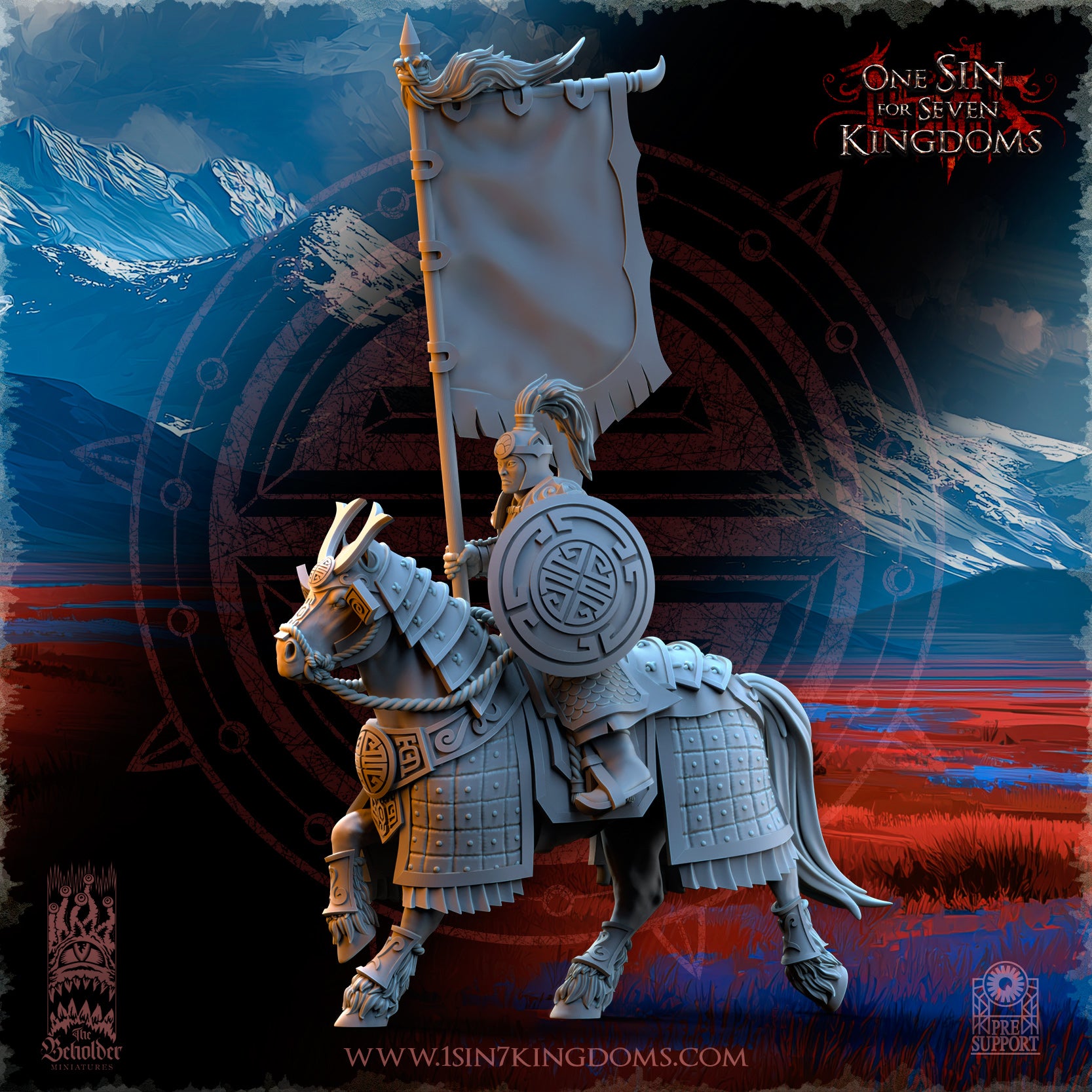 A detailed 3D model of a knight on horseback, holding a flag and wearing armor, set against a mountainous landscape with a red and blue sky.