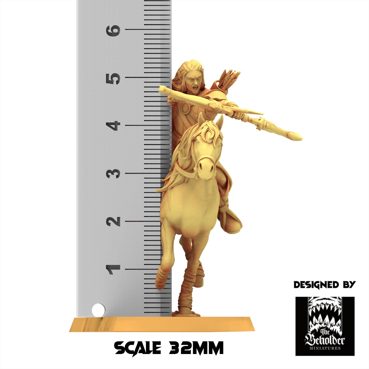 a figurine of a person riding a horse, with a ruler indicating the size of the figurine.