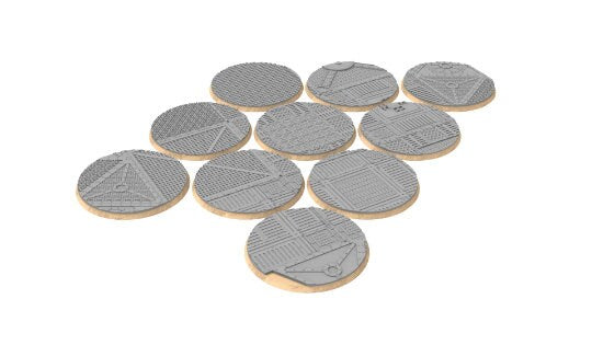 Industrial - Lot of industrial texture round bases for miniatures, size 25mm to 64mm, usable for Warmachine, Starfinder and sci-fi wargames.