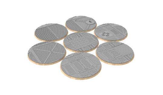 Industrial - Lot of industrial texture round bases for miniatures, size 25mm to 64mm, usable for Warmachine, Starfinder and sci-fi wargames.