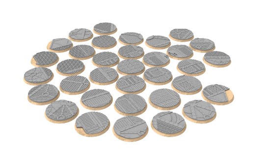 Industrial - Lot of industrial texture round bases for miniatures, size 25mm to 64mm, usable for Warmachine, Starfinder and sci-fi wargames.