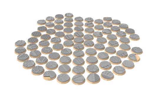 Industrial - Lot of industrial texture round bases for miniatures, size 25mm to 64mm, usable for Warmachine, Starfinder and sci-fi wargames.