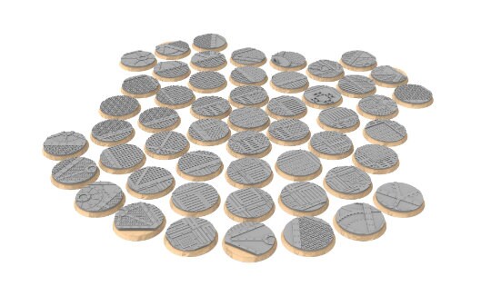 Industrial - Lot of industrial texture round bases for miniatures, size 25mm to 64mm, usable for Warmachine, Starfinder and sci-fi wargames.