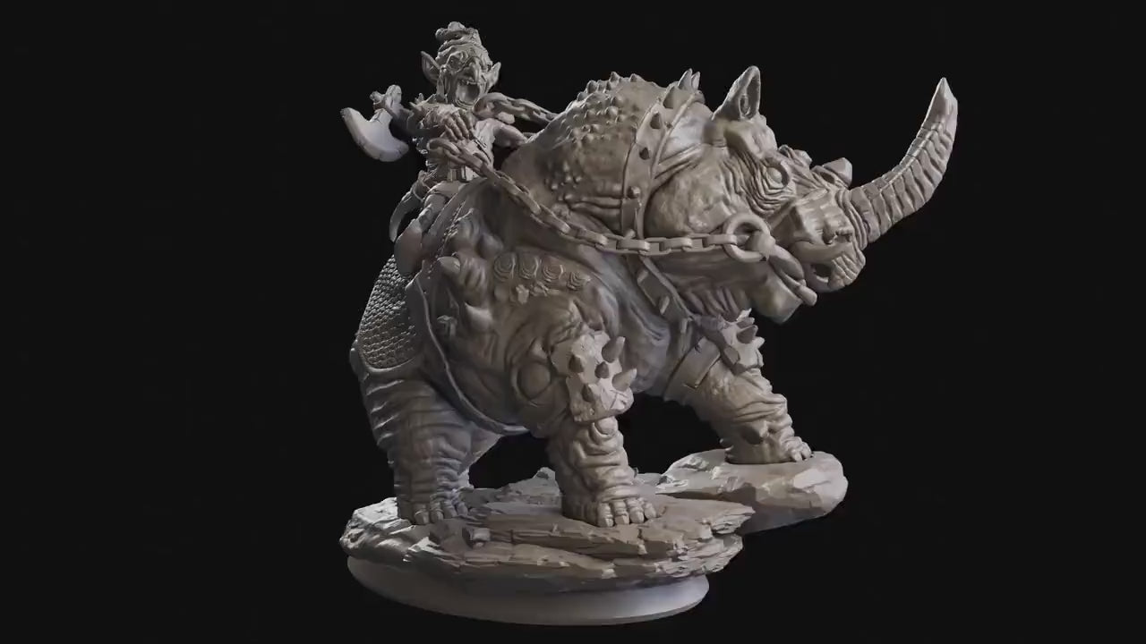 The tribal Gathering - Enemy - Rhino Mounted Goblin, fierce and proud warriors,Ennemy, Flesh of Gods, for Wargames, Dungeons & Dragons TTRPG