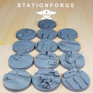 Trench - Lot of Trench texture round bases for miniatures, size 25mm, usable for Warmachine, Starfinder and sci-fi wargames.