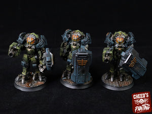 Rundsgaard - Orcus Exosuits, imperial infantry, post-apocalyptic empire, usable for tabletop wargame.