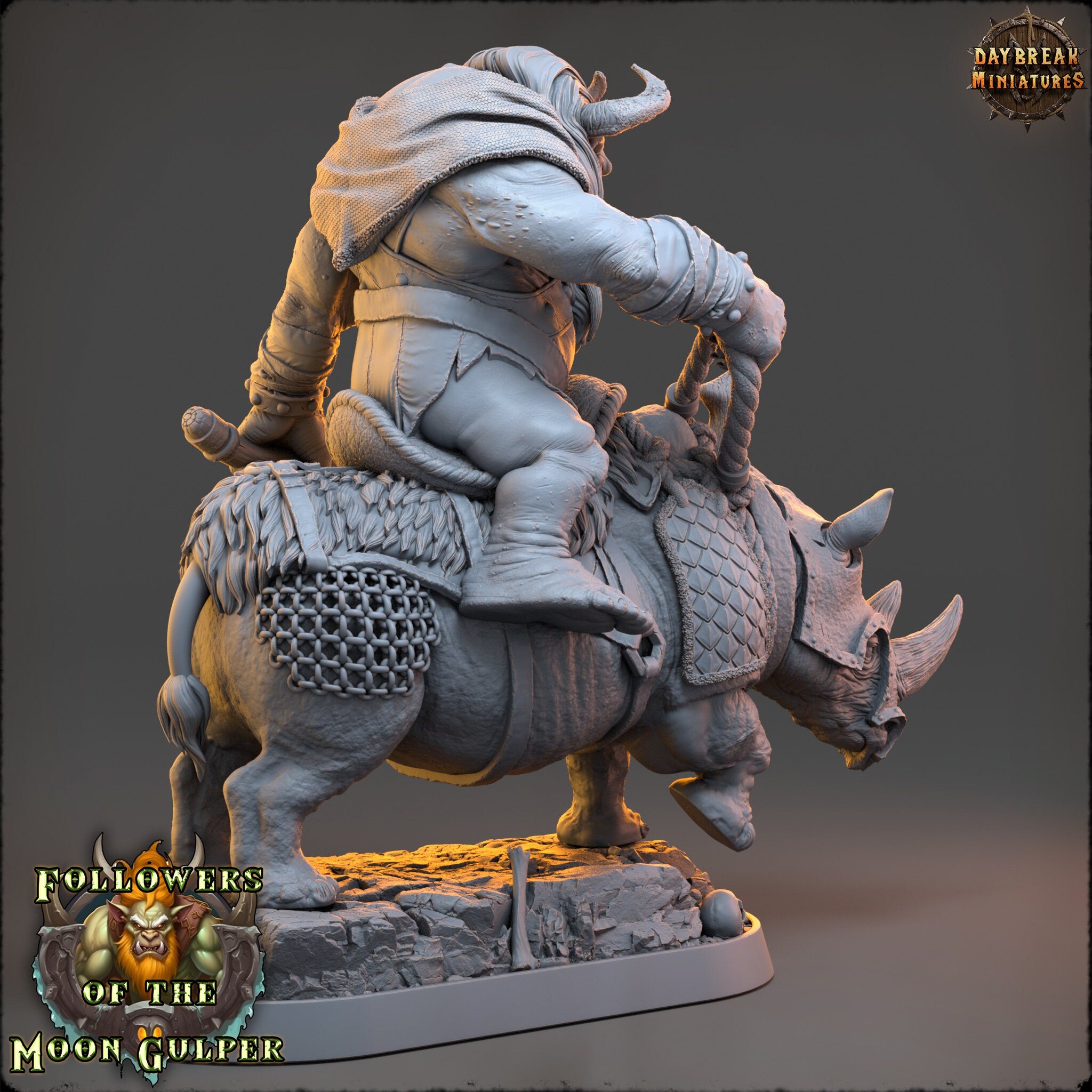 Ogre - Qaggercaz Trazbag on sewer rhino, Followers of the Moon Gulper, daybreak miniatures, for Wargames, Pathfinder, Dungeons Dragons TTRPG