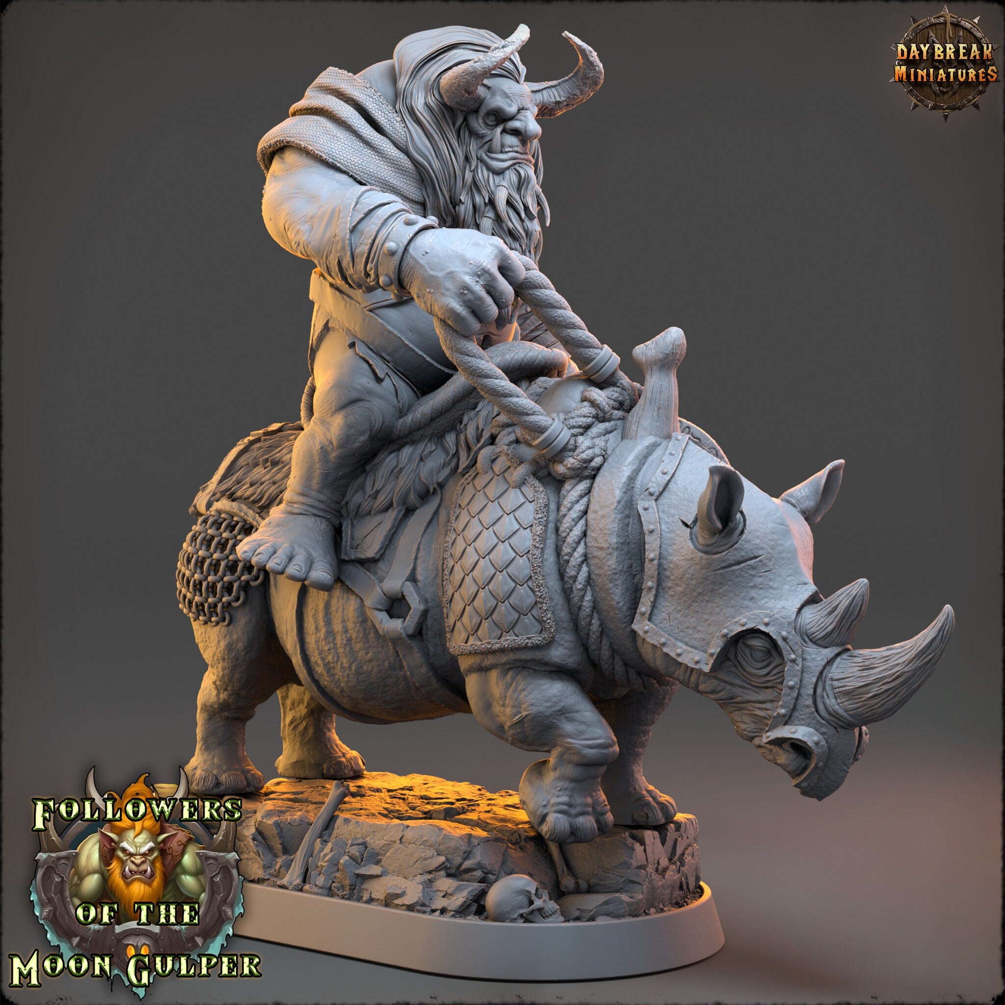 Ogre - Qaggercaz Trazbag on sewer rhino, Followers of the Moon Gulper, daybreak miniatures, for Wargames, Pathfinder, Dungeons Dragons TTRPG