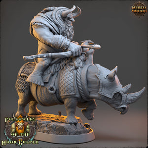 Ogre - Kshmeh Klatzmer on sewer rhino, Followers of the Moon Gulper, daybreak miniatures, for Wargames, Pathfinder, Dungeons & Dragons TTRPG
