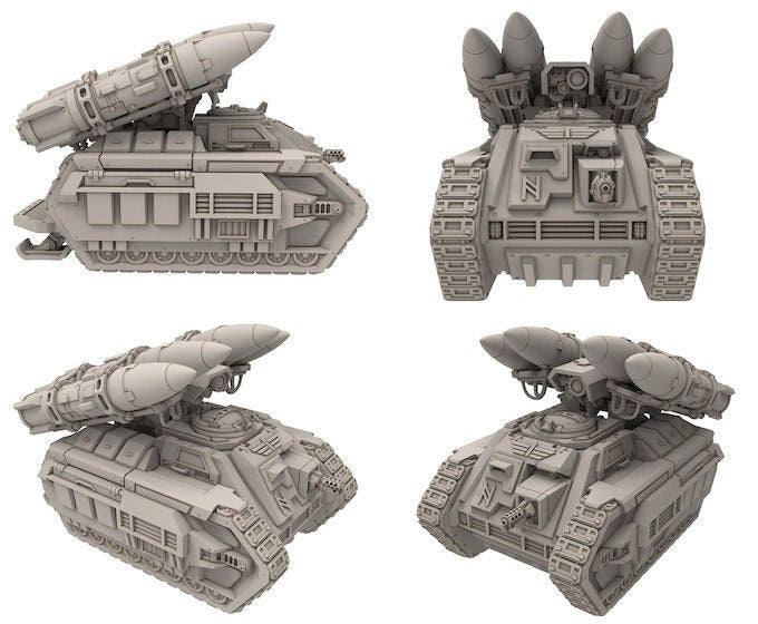 Rundsgaard - Multi Missiles Battle Tank, imperial infantry, post-apocalyptic empire, usable for tabletop wargame.