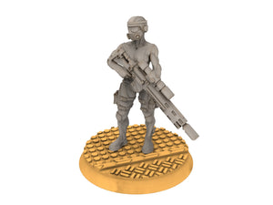 National Guard, GrimCorp Bounty Hunters, assassin, mechanized infantry, post apocalyptic empire, usable for tabletop wargame.